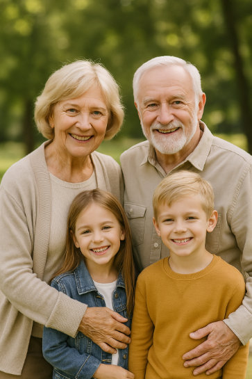 Elderly couple smiling with their young grandchildren in a sunny Michigan park